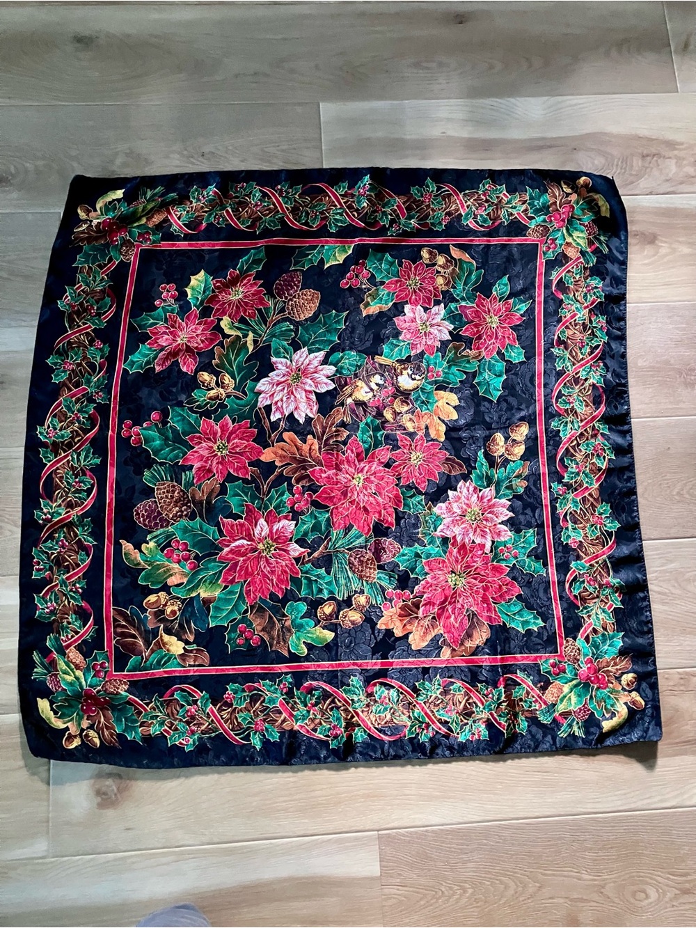 Holiday Poinsettia Satin Scarf- Red & Green